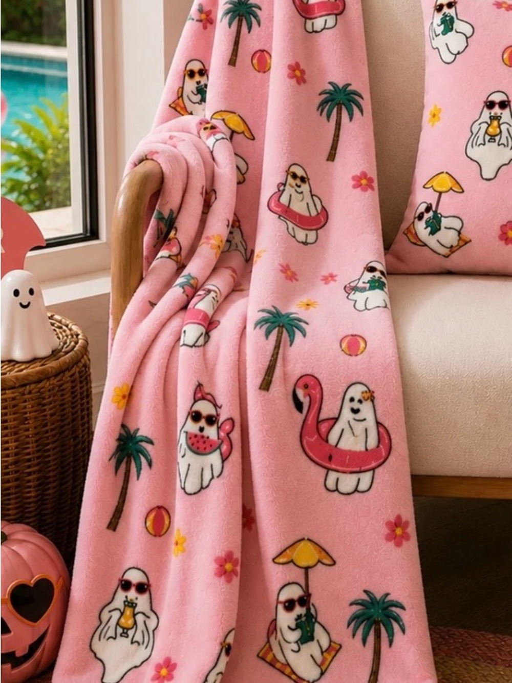 Summerween Pink Ghosts Beach Vibes Palm Trees Plush Throw 50x60